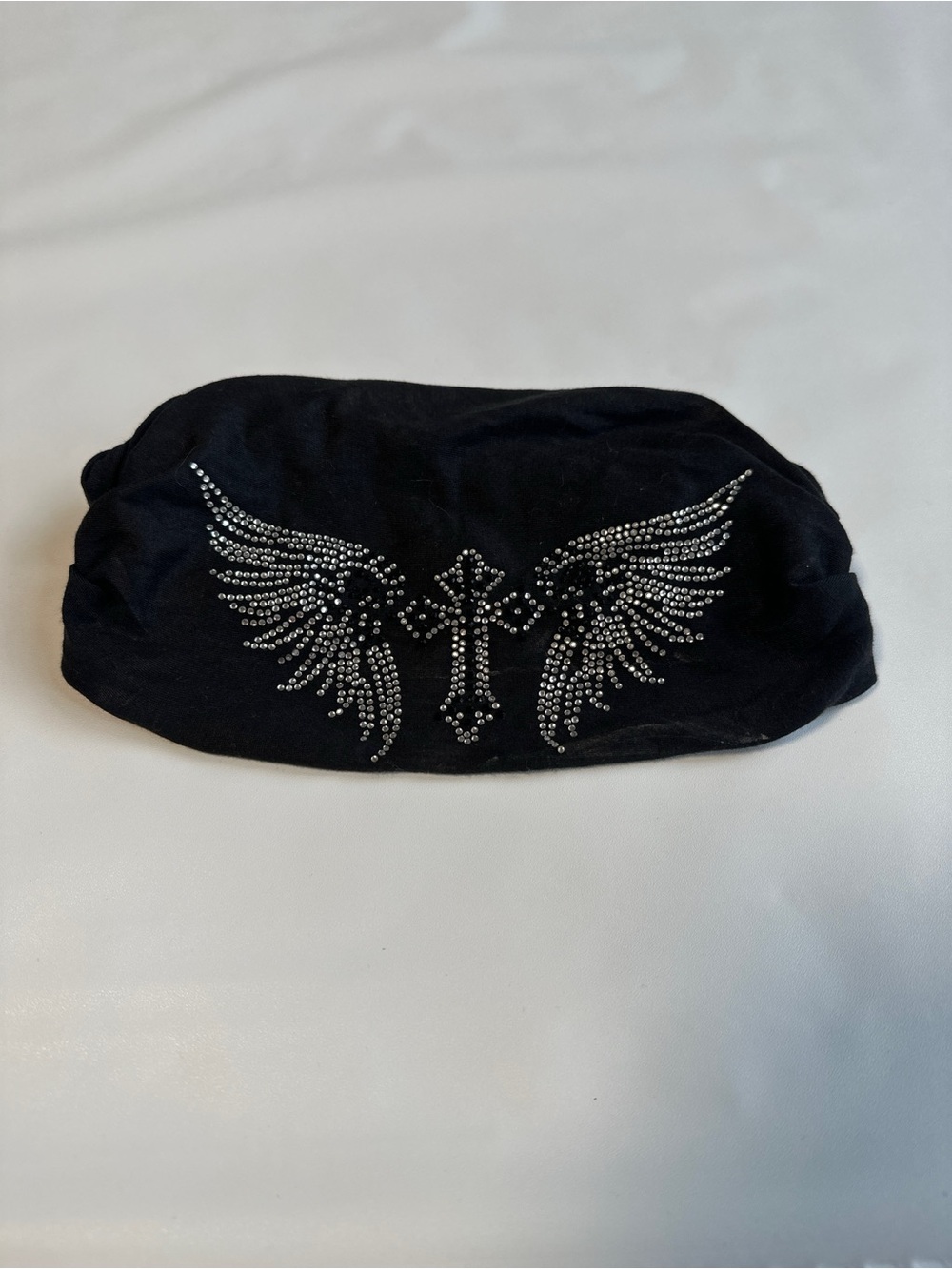 Black Rhinestone Wing & Cross Stretch Headband